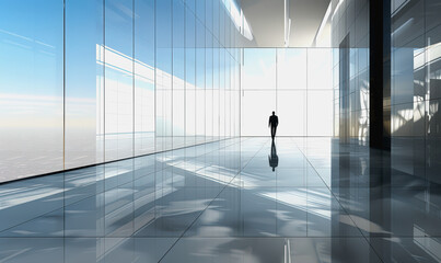 Futuristic office hallway with glass walls, reflective floor, walking silhouette, soft lighting, minimalistic