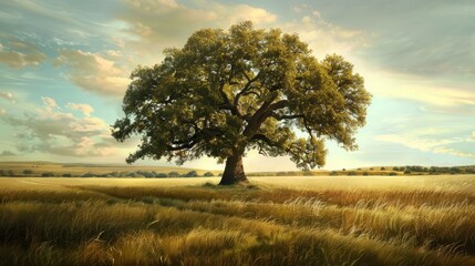 Obraz premium Majestic oak in golden field. Serene landscape with a mighty oak standing tall in a sun-kissed meadow, a timeless symbol of strength and tranquility.