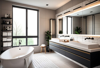 luxury home bathroom interior double sink bathing accessories closeup high resolution high details vibrant