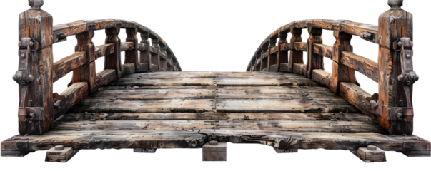A rustic wooden bridge showcasing intricate details and weathered texture, ideal for nature and landscape photography.