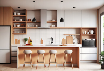 light home kitchen interior bar counter sink kitchenware shelves high resolution high details vibrant