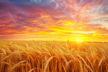 Obraz premium A field of golden wheat swaying in the gentle breeze under a vibrant sunset sky