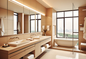 beige hotel bathroom interior double sink shower panoramic window high resolution high details vibrant