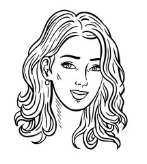 Portrait of a beautiful young woman with hairstyle. Head close up. Beauty and fashion. Body, hair and facial skin care. Beauty salon and spa. Vector art illustration. Black and white outline sketch
