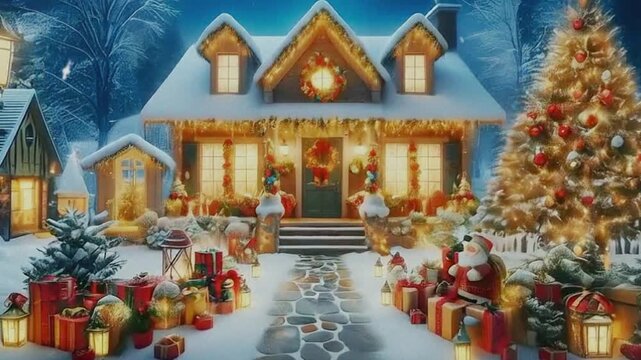 Scene christmas background with Santas workshop, bustling with elves preparing toys for delivery.video footage