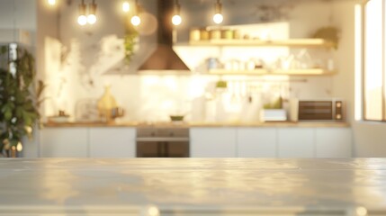 blurred kitchen interior with empty table for product display, light white and beige color theme, bright, low depth of field effect, modern scandinavian style, bokeh blur effect, warm light