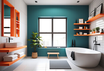 cozy bathroom interior tub shelf accessories window mockup wall high resolution high details vibrant