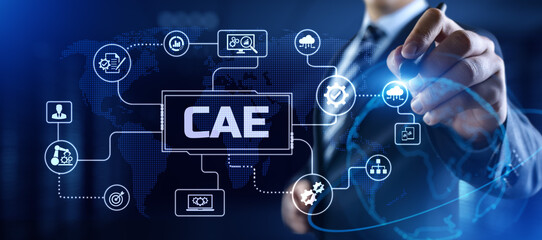 CAE Computer-aided engineering software system concept. Businessman pressing button on screen.