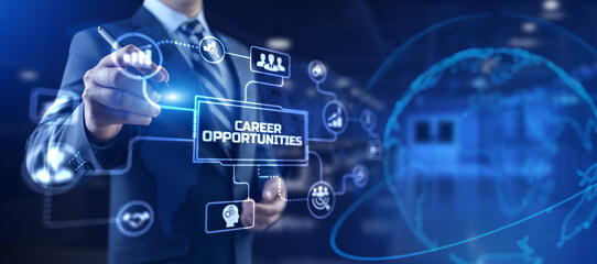 Career opportunities. Businessman pressing virtual button on screen.
