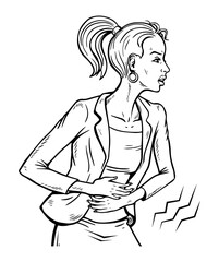 Young woman with abdominal pain. Stress and poor nutrition. Health problems and hunger. Cartoon vector illustration black and white. Hand drawn outline