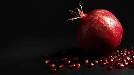 Ripe pomegranate on black background. A single, ripe pomegranate with scattered seeds against a dark backdrop, showcasing its vibrant color and texture.