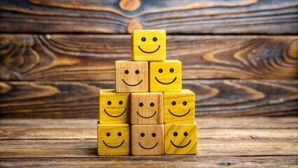 Vibrant wooden blocks with yellow smile icons arranged on a rustic table, symbolizing exceptional customer satisfaction and top-notch service quality.