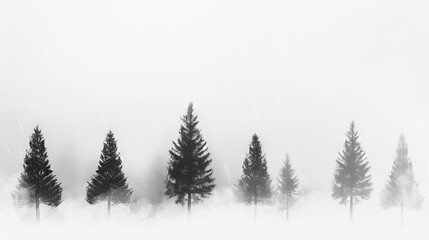 Obraz premium Coniferous trees in misty forest. Black and white panorama of a conifer woodland with fog, evoking tranquility and the ethereal beauty of nature.