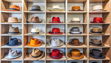 A tidy closet shelf features a diverse assortment of stylish hats, neatly arranged and organized by type and color scheme.