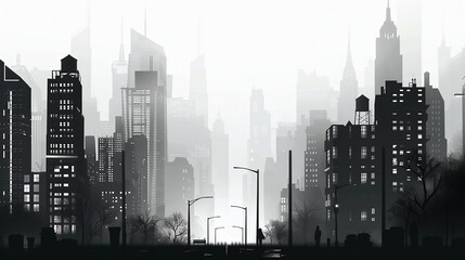 Cityscape, Streetlights And People Walking, Background Is White, Black Silhouettes Of Skyscrapers, Style Of Noir Comic