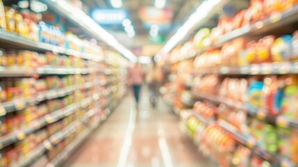 Fototapeta premium blurred background of a supermarket store with shelves full of goods and people walking along the aisles, blurred motion, bokeh effect, high quality