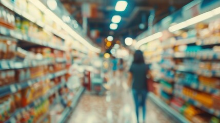 Obraz premium blurred background of people shopping in a grocery store, focusing on foreground shelves with goods, a woman walking down the aisle, a scene from an indoor market