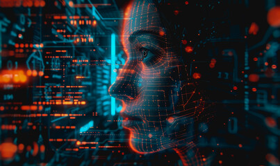 Cybernetic digital face with neon blue and red lights, data streams, glowing particles, high-tech design