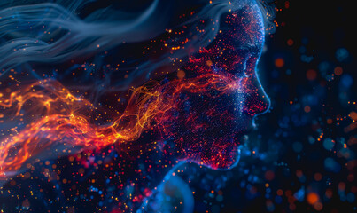 Cybernetic digital face with neon blue and red lights, data streams, glowing particles, high-tech design