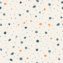 Design a seamless pattern with scattered polka dots in muted colors like grey, navy blue and orange on a white background.