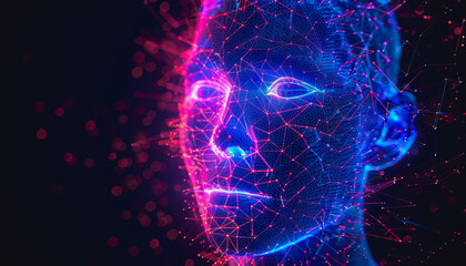 Fototapeta premium Cybernetic digital face with neon blue and red lights, data streams, glowing particles, high-tech design