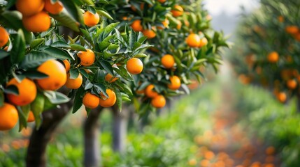 Rows of orange trees in an orchard, each branch laden with clusters of ripe oranges