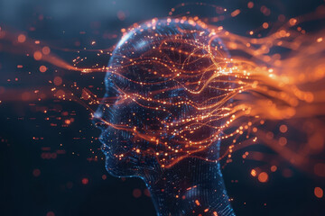 Cyberpunk digital face with neon lights, data streams, glowing particles, high-tech elements, dark background