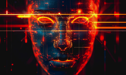 Cyberpunk digital face with neon lights, data streams, glowing particles, high-tech elements, dark background
