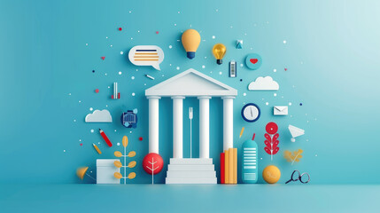 Fototapeta premium Explore a flat design illustration showcasing a creative business solutions innovation hub, perfect for innovative concepts and presentations.