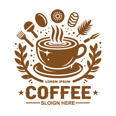 Coffee logo with steaming cup, breakfast items, coffee beans, and wheat elements