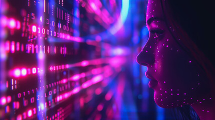 Cyberpunk digital face with neon lights, data streams, glowing particles, high-tech elements, dark background