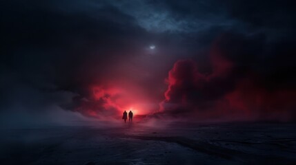 Enchanted vampires in crimson mist, expansive view, dark mystical landscape, glowing eyes, flowing garments, ethereal and haunting