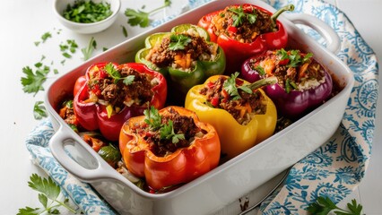 A white casserole dish filled with colorful bell peppers and meat, AI