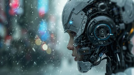 Fototapeta premium Innovative Artificial Intelligence Poster Showcasing Futuristic AI Concepts with Neural Network Patterns, Data Streams, and Advanced Technology Elements in a Dark, High-Tech Design