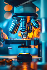 Scientist Examining Samples Under Microscope: Close-Up of Lens and Hands in Laboratory Setting