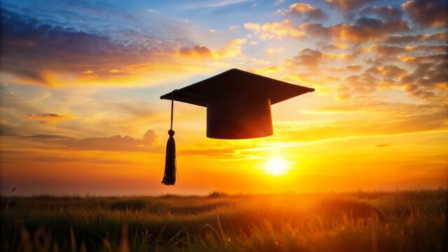 A lone graduation cap and diploma caste a triumphant silhouette on a warm sunset background, symbolizing achievement and new beginnings.