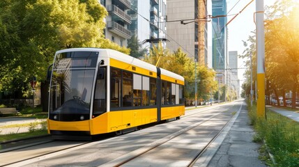 Obraz premium Modern Yellow Tram on a City Street During Golden Hour in Urban Environment