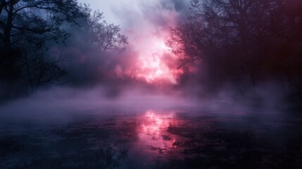 Fototapeta premium Enchanted vampires surrounded by crimson mist, expansive view, dark and mystical setting, glowing eyes, ethereal atmosphere