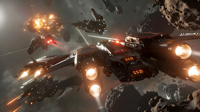Boldly dressed space pirate in vintage gear attacking cargo ship with futuristic weapons, stealing valuables.