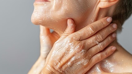 Senior Woman Applying Skin Care Cream on Her Neck for Anti-Aging and Moisturizing