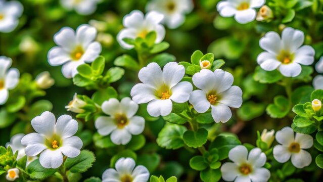 Delicate white ornamental bacopa flowers with yellow centers bloom amidst lush green foliage of Chaenostoma cordatum, a medicinal Brahmi herb.