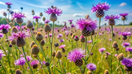 Purple flowers with black spots of invasive spotted knapweed weed spreading vigorously in a dry summer meadow landscape.