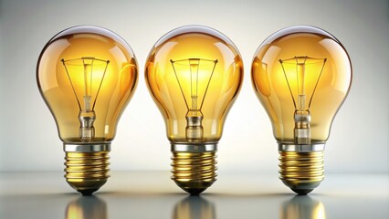 Three traditional light bulbs in clear and warm yellow tones, standing upright on a pristine transparent white background.