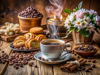 Cozy atmosphere: steaming cups of aromatic coffee, coffee beans, and delicious pastries on a rustic wooden table, warm lighting, and fresh flowers, inviting friendship moments.