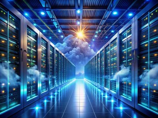 Obraz premium Futuristic server room with rows of high-performance computers, blinking lights, and intricate cabling, surrounded by virtual clouds and dynamic data streams, representing modern data storage.