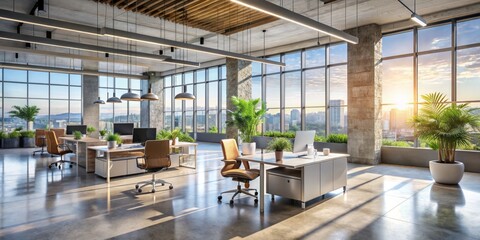 Bright airy modern office interior with sleek furniture, polished concrete floor, and floor-to-ceiling windows flooding the space with abundant natural light.