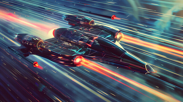 Sleek retrofuturistic spaceship speeding through colorful galaxy, evading pursuit in epic intergalactic chase scene.