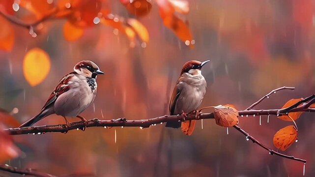 natural panoramic photo with little funny birds and Chicks sitting on a branch in summer garden in the rain