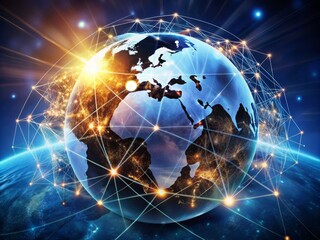 Obraz premium Global business network connections surround a glowing digital globe, symbolizing innovative marketing strategies and creative solutions for business development and technology advancement.