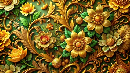 Vibrant golden floral background featuring intricate ornate patterns, lush blooming flowers, and lush greenery in a stunning vintage design.